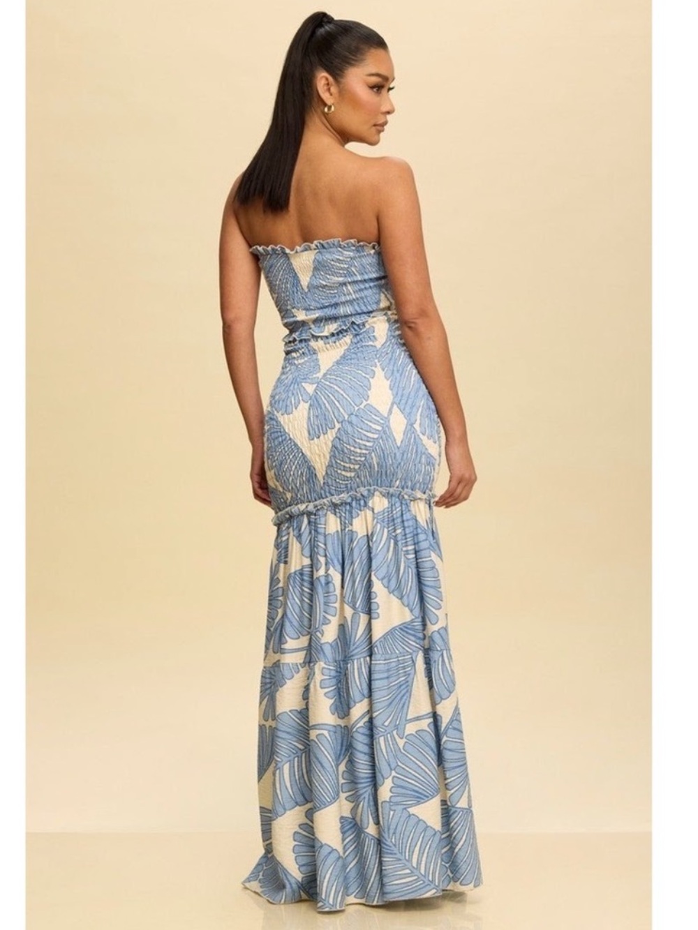 Strapless Blue & Cream Leaf-Print Maxi Dress - Picture 2 of 5